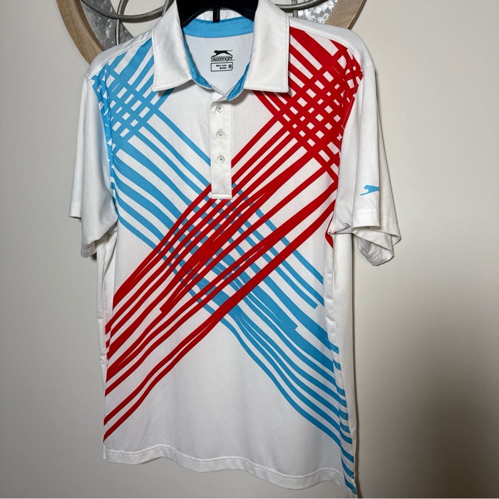 Slazenger Men's White Polo Shirt with Red and Blue Stripes, size M EUC!
